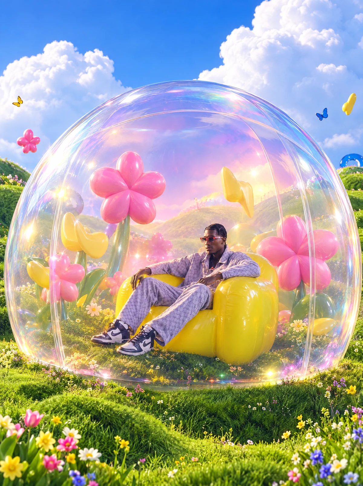 Un homme se détend dans un fauteuil jaune sous une bulle irisée, au milieu de fleurs géantes et de collines verdoyantes